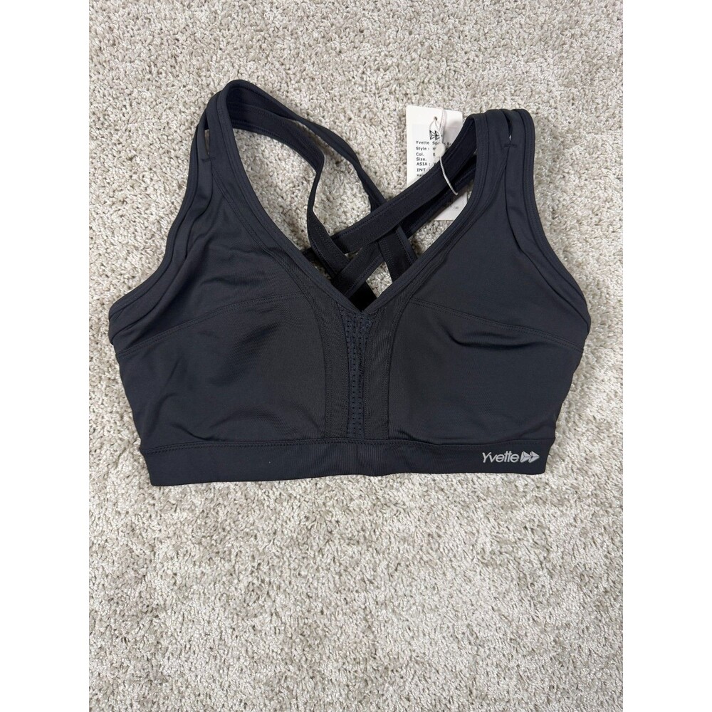 Yvette High Impact Sports Bra Black Criss Cross Back D-F Cups XL NWT Women